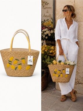 Toile & Tide Lemon Embroidered Straw Tote Bag | Summer Vacation Handbag